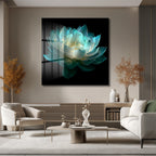 Ethereal Lotus Çiçeği Cam Tablo - Büyüleyici Turkuaz Sanat