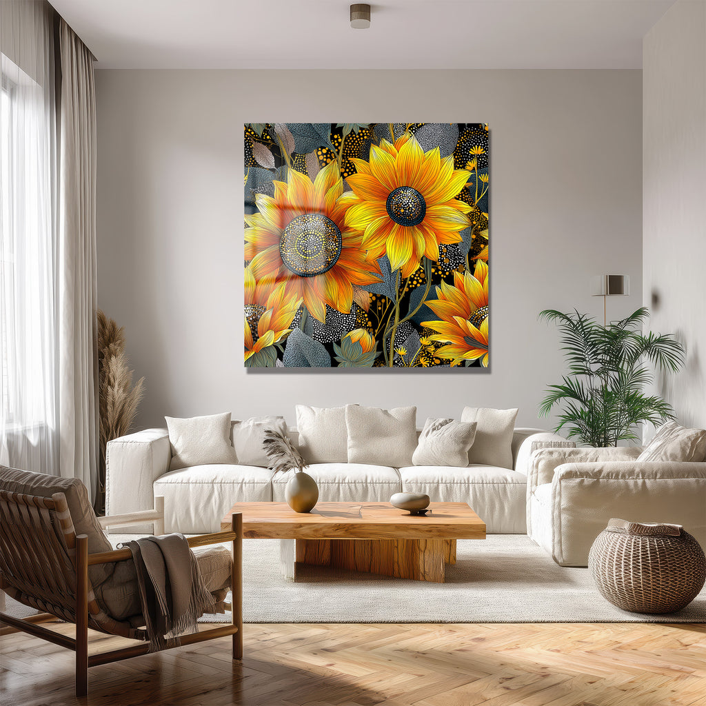Canlı Ayçiçeği Sanatı Temalı Modern Cam Tablo
