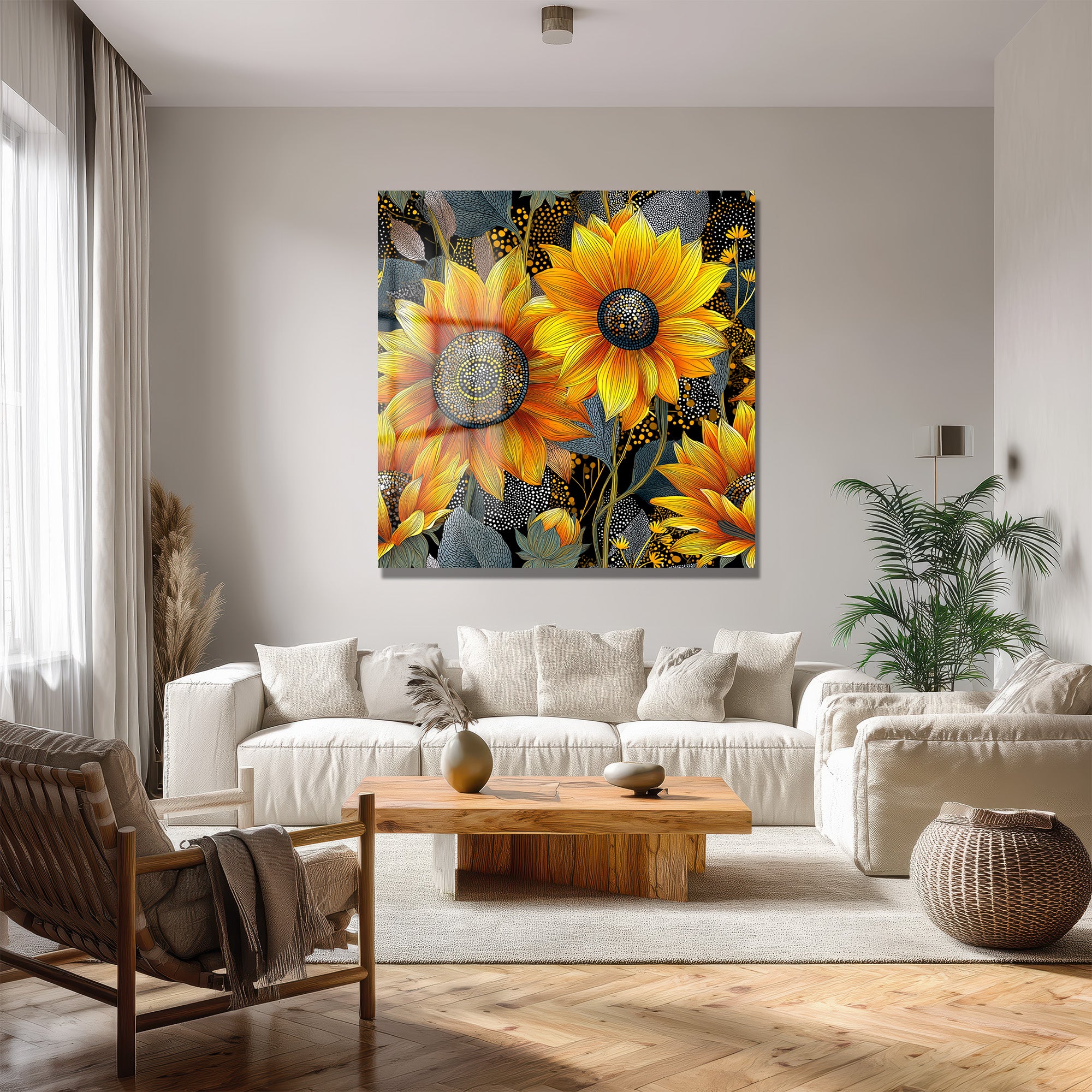 Canlı Ayçiçeği Sanatı Temalı Modern Cam Tablo