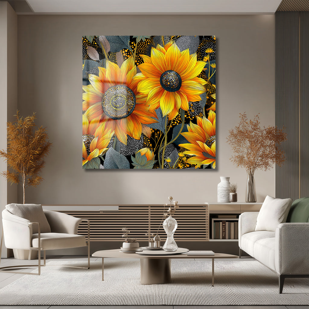 Canlı Ayçiçeği Sanatı Temalı Modern Cam Tablo