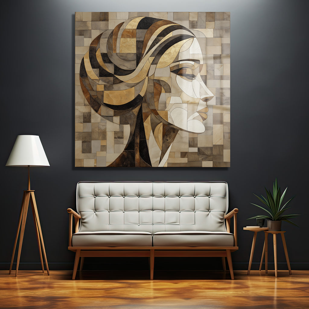 Koyu gri duvarda asılı, altın, kahve ve krem tonlarında geometrik desenlerle oluşturulmuş soyut bir kadın portresi cam tablo, altında modern beyaz bir kanepe ve ahşap sehpa bulunuyor.