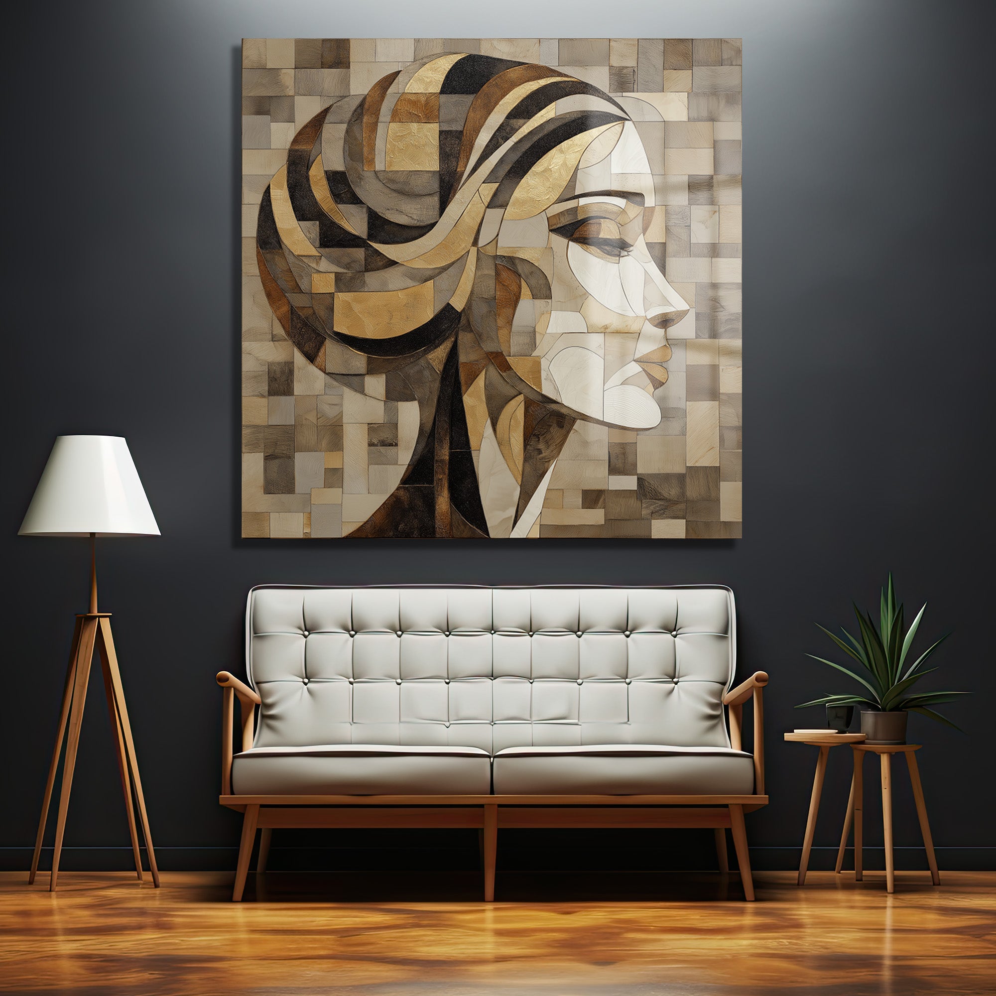 Koyu gri duvarda asılı, altın, kahve ve krem tonlarında geometrik desenlerle oluşturulmuş soyut bir kadın portresi cam tablo, altında modern beyaz bir kanepe ve ahşap sehpa bulunuyor.