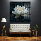 Beyaz Lotus Çiçeği Cam Tablo - Derinlikli Sanat Eseri