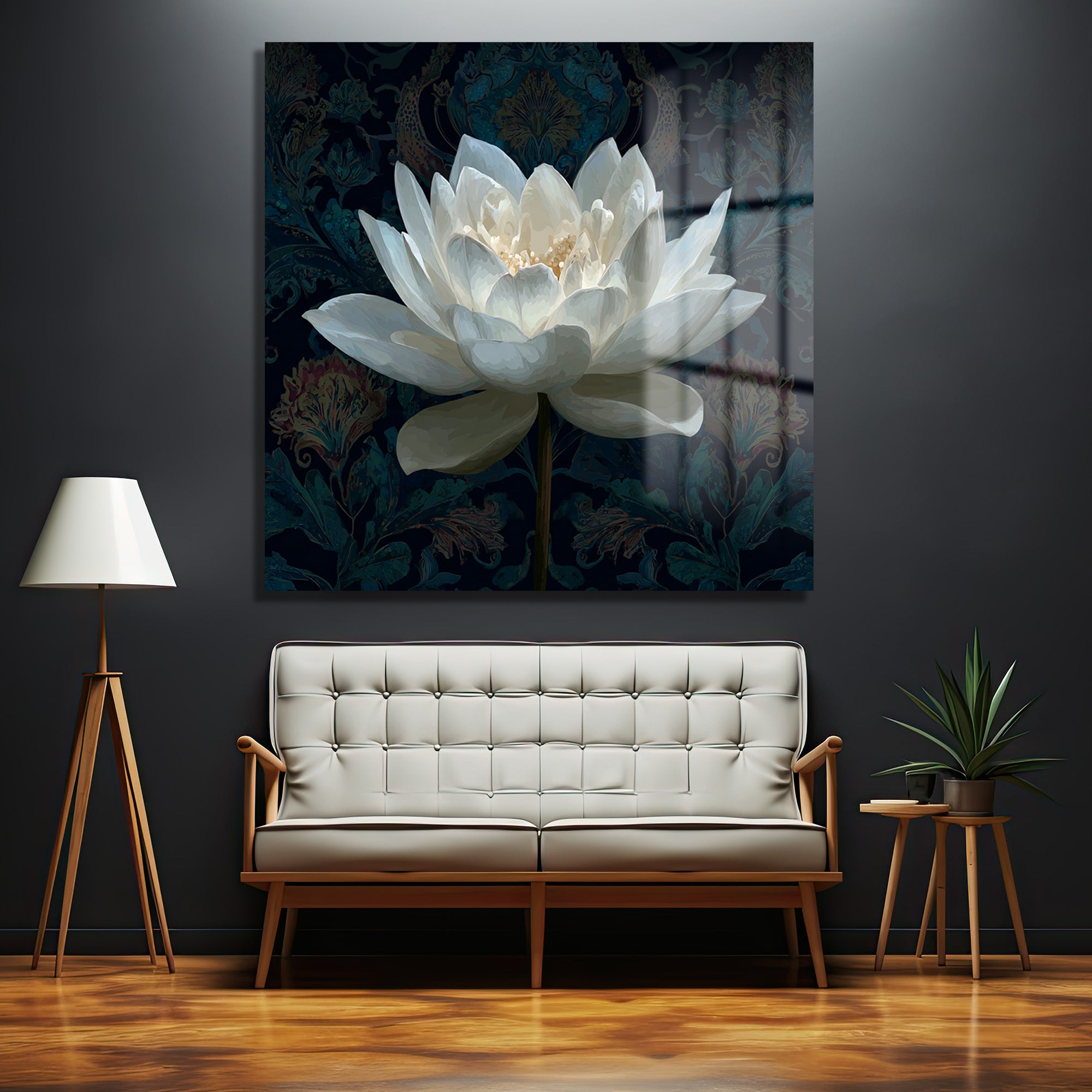 Beyaz Lotus Çiçeği Cam Tablo - Derinlikli Sanat Eseri
