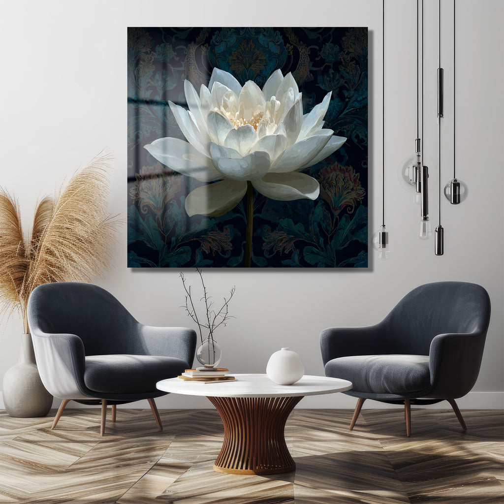 Beyaz Lotus Çiçeği Cam Tablo - Derinlikli Sanat Eseri