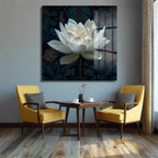 Beyaz Lotus Çiçeği Cam Tablo - Derinlikli Sanat Eseri