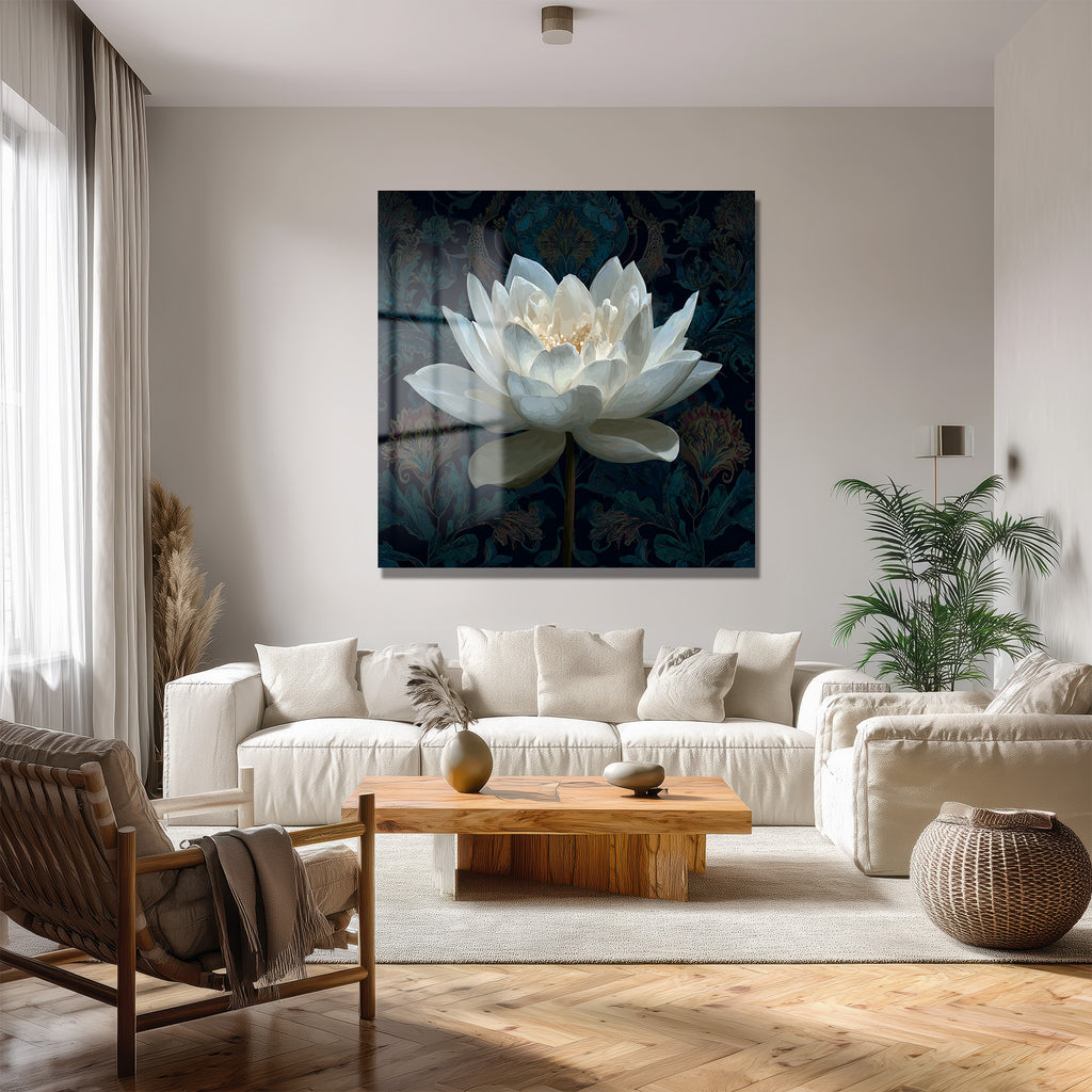 Beyaz Lotus Çiçeği Cam Tablo - Derinlikli Sanat Eseri