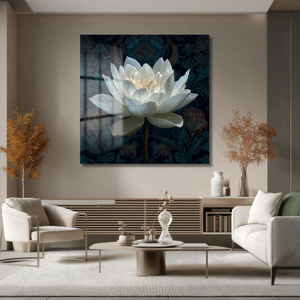 Beyaz Lotus Çiçeği Cam Tablo - Derinlikli Sanat Eseri