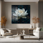 Beyaz Lotus Çiçeği Cam Tablo - Derinlikli Sanat Eseri