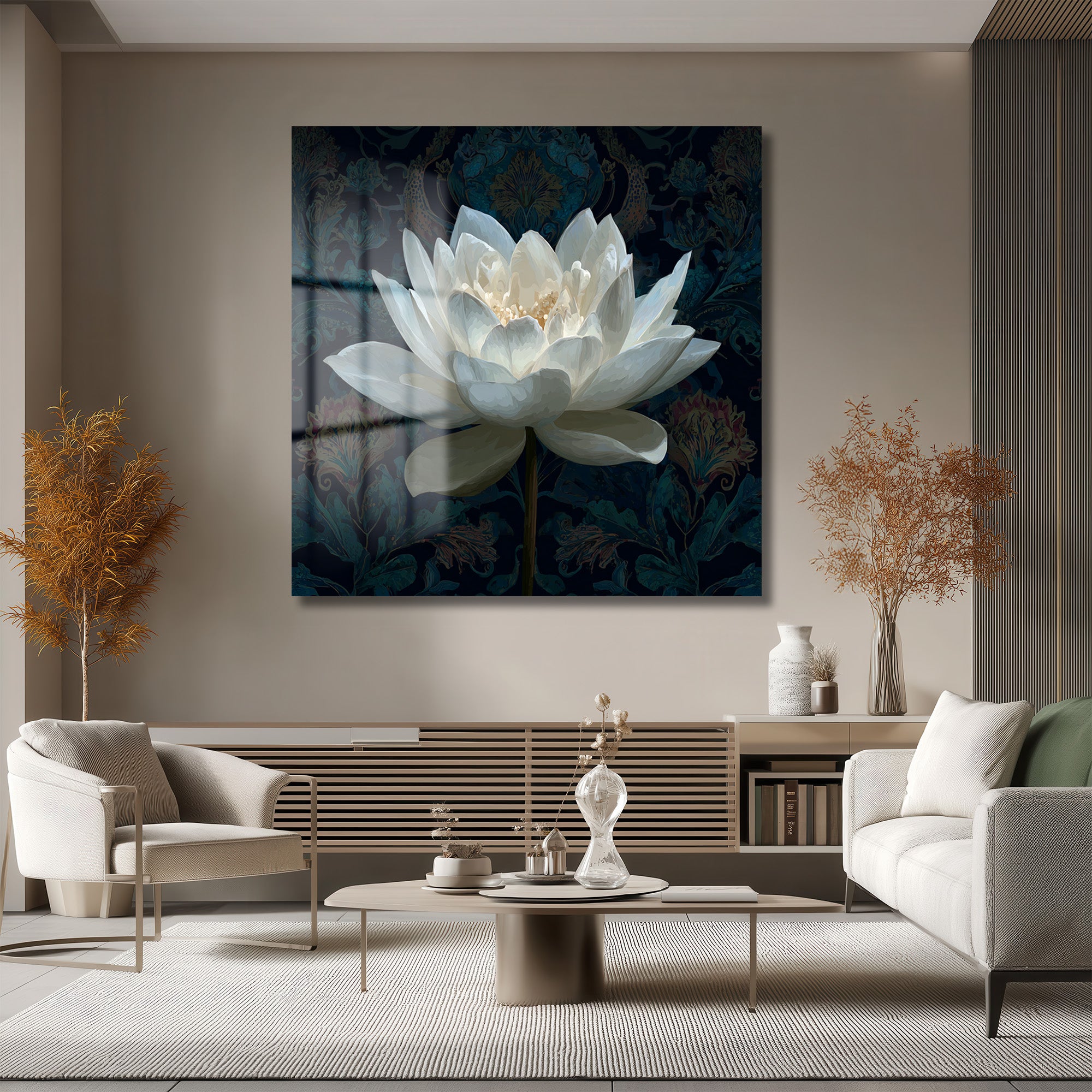 Beyaz Lotus Çiçeği Cam Tablo - Derinlikli Sanat Eseri