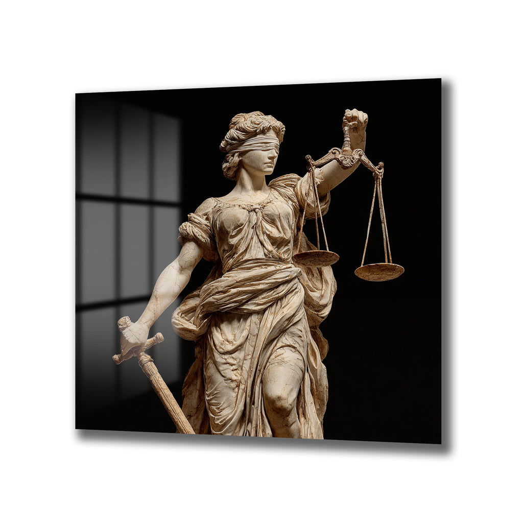Gözleri bağlı, bir elinde terazi, diğer elinde kılıç tutan antik Themis heykeli cam tablo, koyu arka plan üzerinde vurgulanmış.
