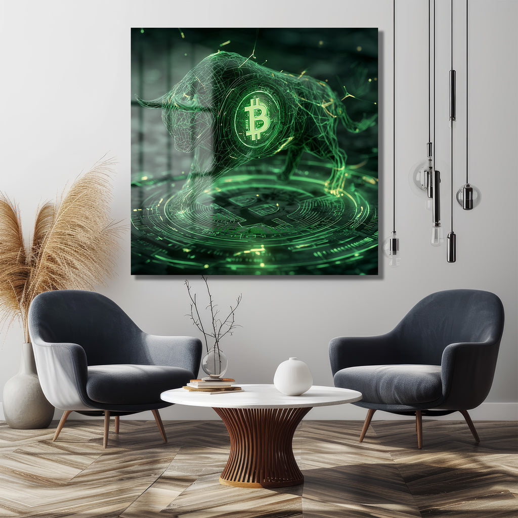 Bitcoin Boğa Koşusu Dijital Sanat Cam Tablo - Kripto Enerjisi