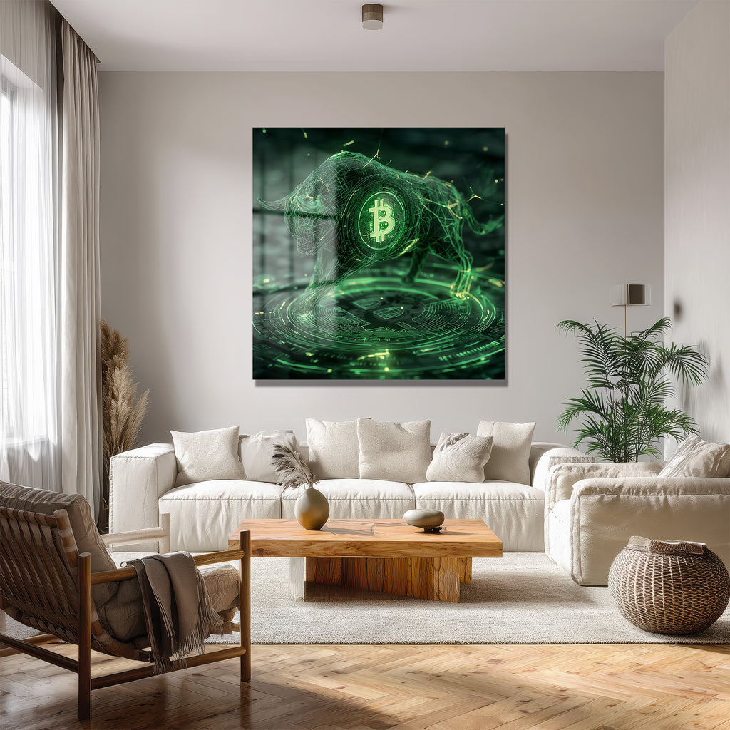 Bitcoin Boğa Koşusu Dijital Sanat Cam Tablo - Kripto Enerjisi