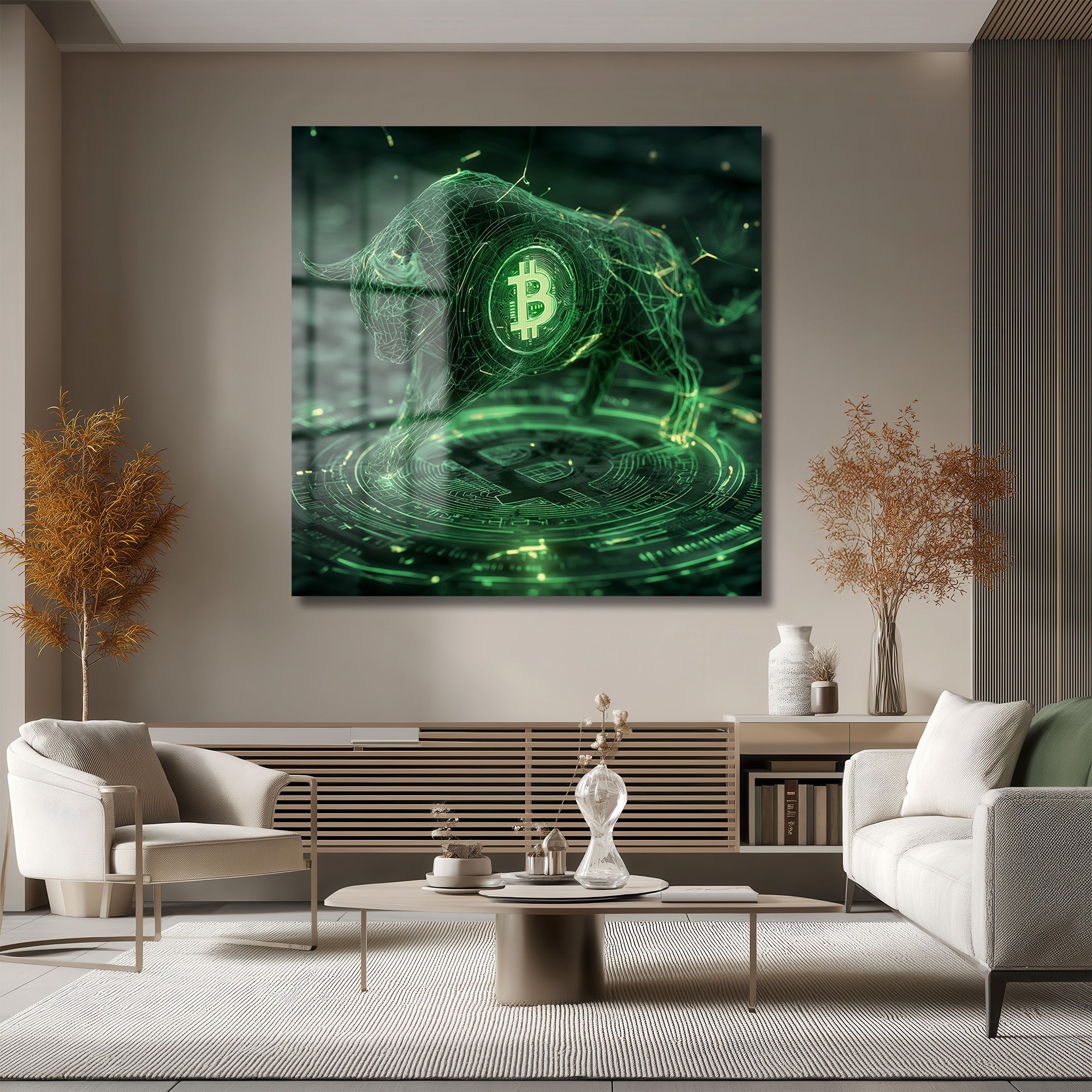 Bitcoin Boğa Koşusu Dijital Sanat Cam Tablo - Kripto Enerjisi