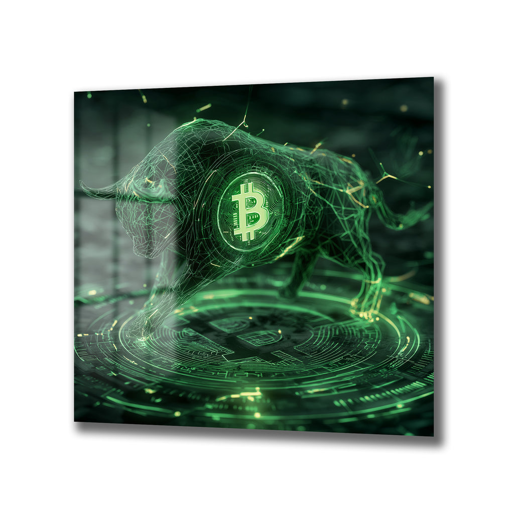 Dijital yeşil hatlardan oluşan, üzerinde Bitcoin sembolü bulunan bir boğanın, parlayan devre kartı desenli bir zeminde ileri doğru atıldığı fütüristik bir cam tablo.