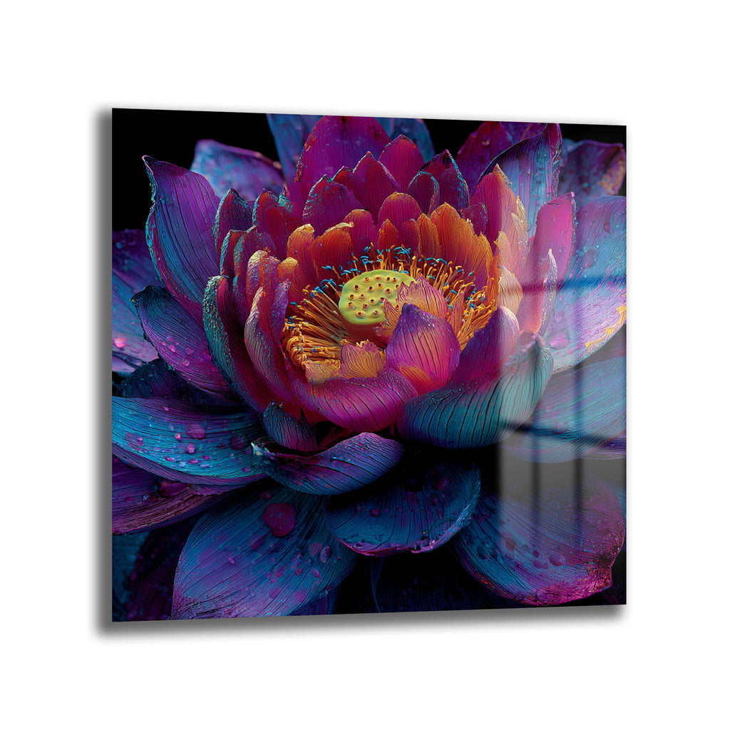 Büyüleyici Lotus Çiçeği Cam Tablo – Mor ve Mavi Tonları