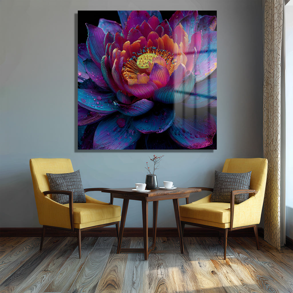 Büyüleyici Lotus Çiçeği Cam Tablo – Mor ve Mavi Tonları