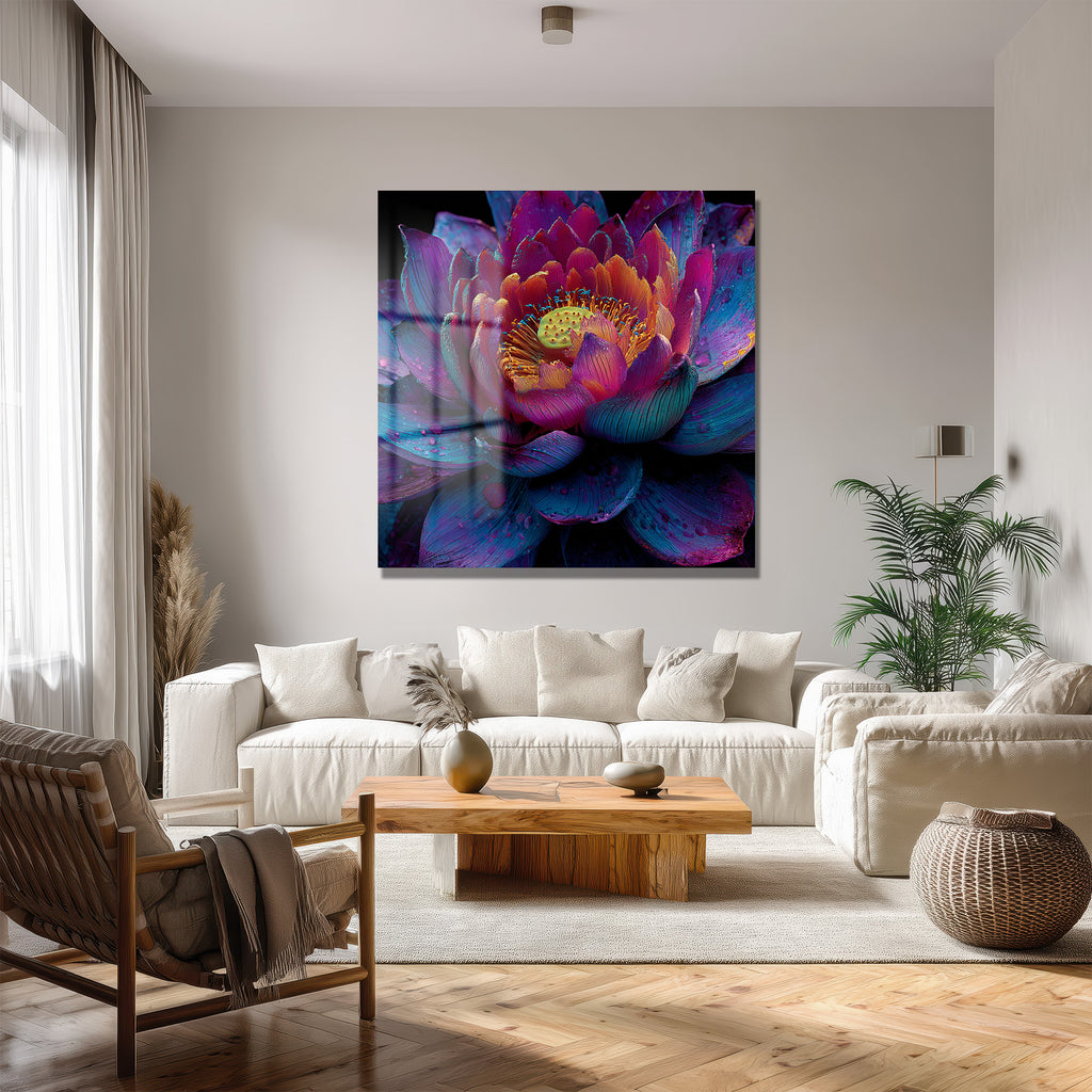 Büyüleyici Lotus Çiçeği Cam Tablo – Mor ve Mavi Tonları