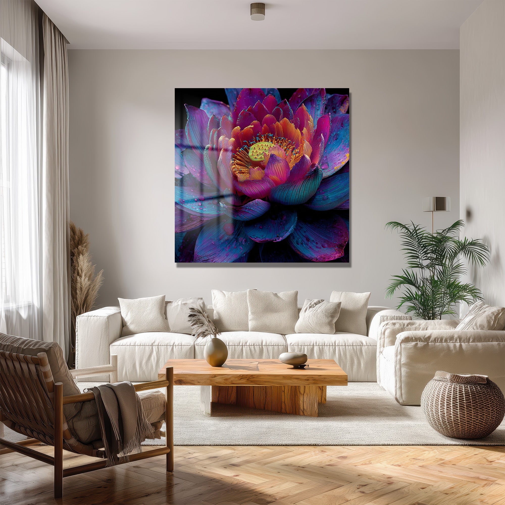 Büyüleyici Lotus Çiçeği Cam Tablo – Mor ve Mavi Tonları