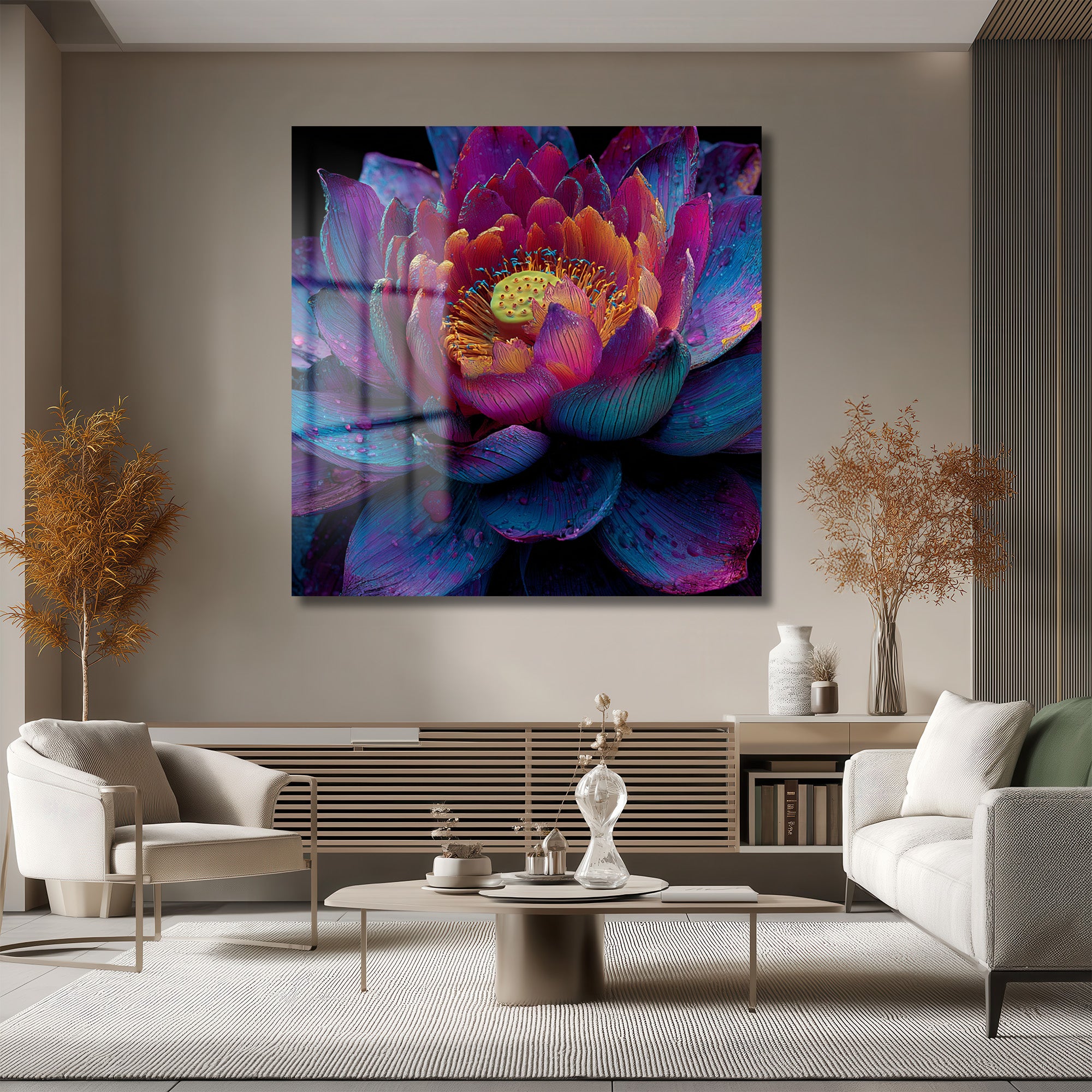 Büyüleyici Lotus Çiçeği Cam Tablo – Mor ve Mavi Tonları