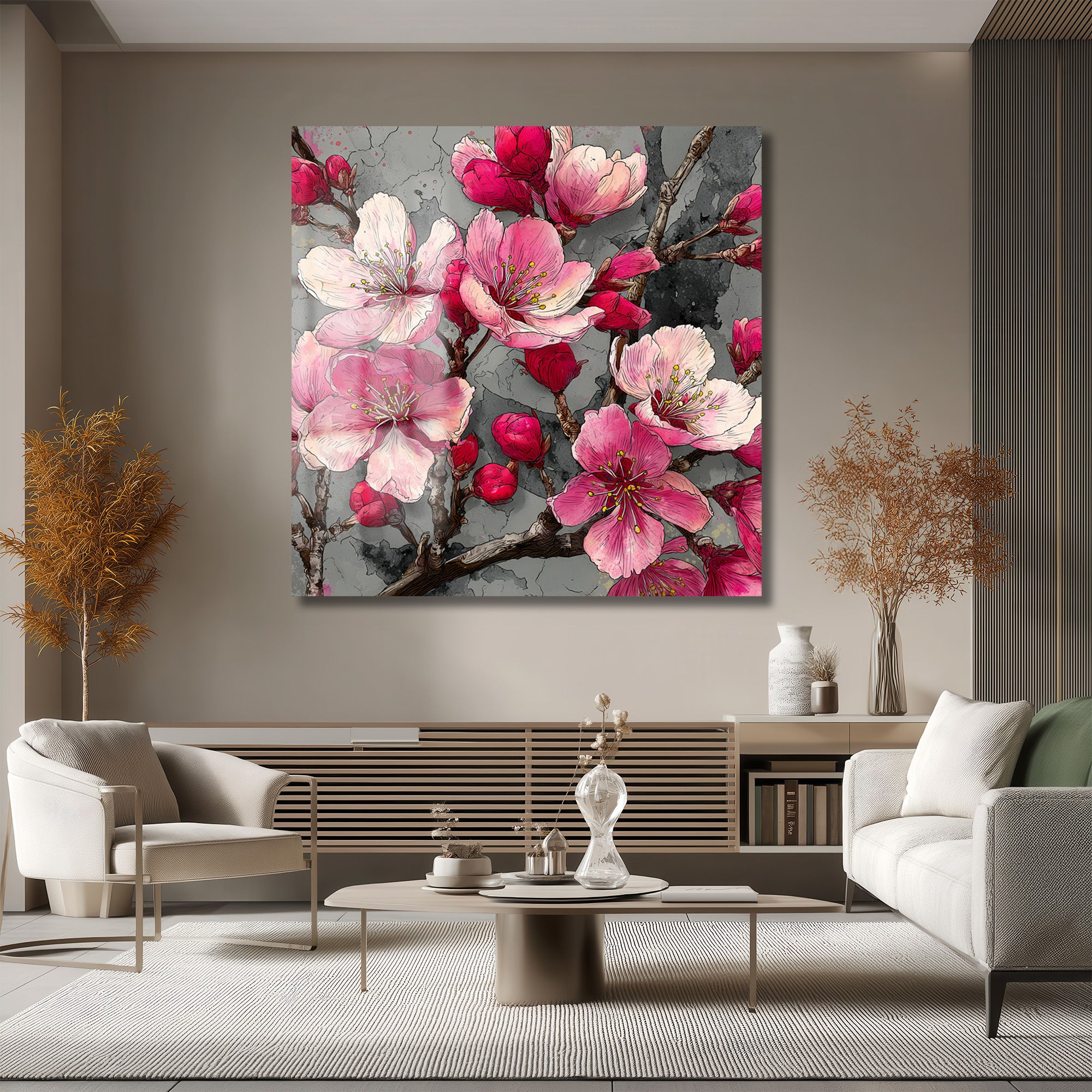 Pembe Bahar Çiçekleri Cam Tablo - Modern Duvar Sanatı