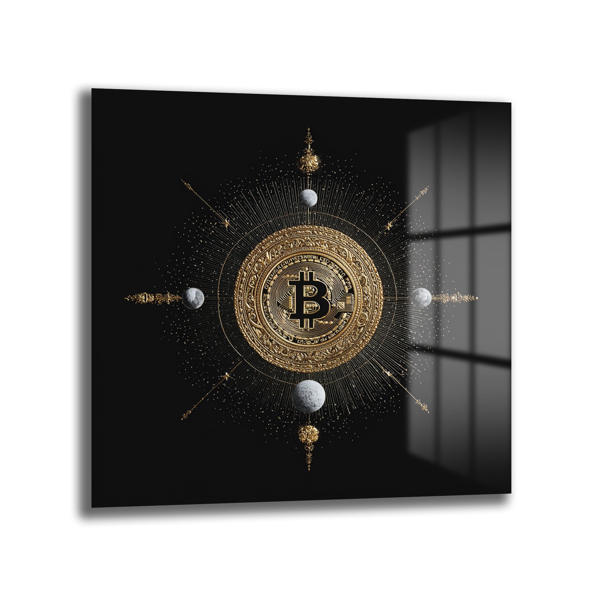 Bitcoin Kozmosu: Altın Detaylı Lüks Cam Tablo