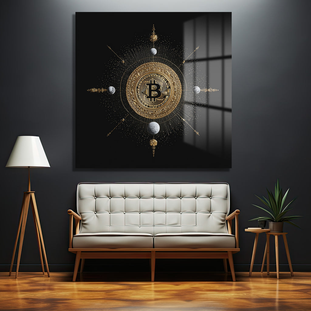 Bitcoin Kozmosu: Altın Detaylı Lüks Cam Tablo