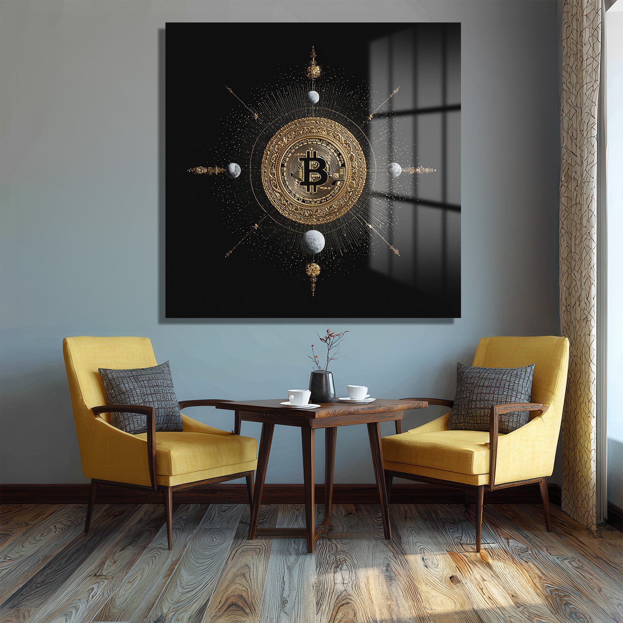 Bitcoin Kozmosu: Altın Detaylı Lüks Cam Tablo