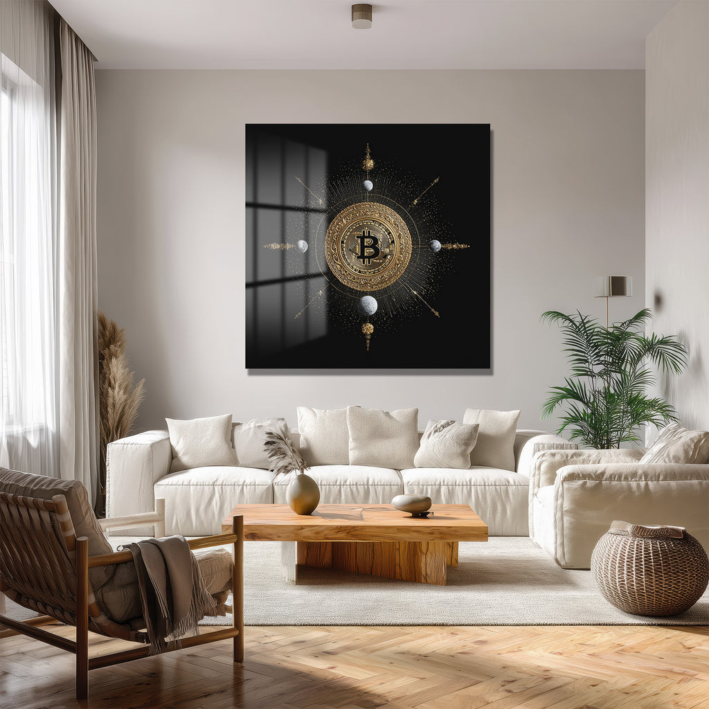 Bitcoin Kozmosu: Altın Detaylı Lüks Cam Tablo