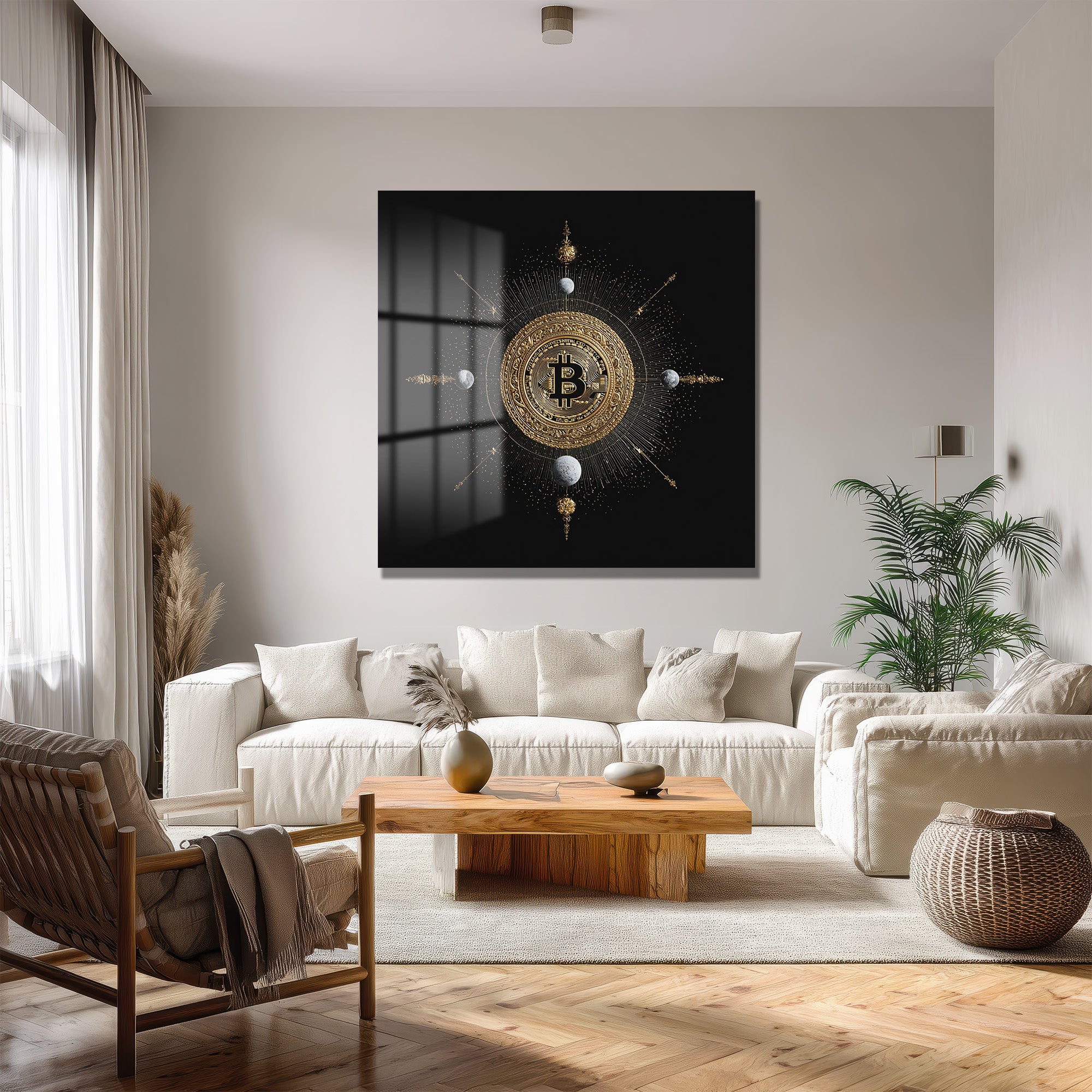 Bitcoin Kozmosu: Altın Detaylı Lüks Cam Tablo