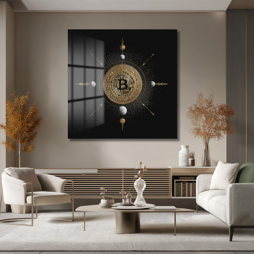 Bitcoin Kozmosu: Altın Detaylı Lüks Cam Tablo