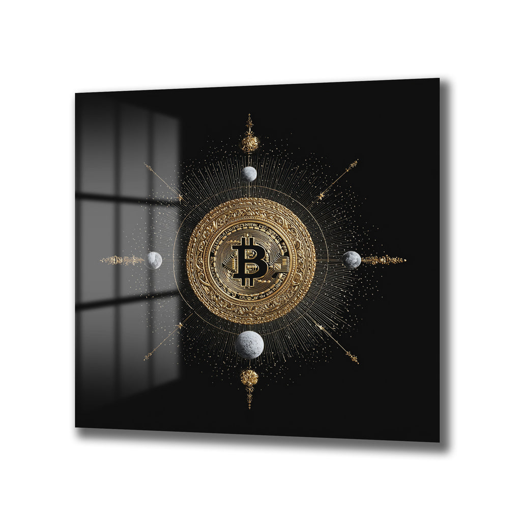 Siyah arka plan üzerinde altın rengi, detaylı bir Bitcoin sembolü, etrafında kozmik ışınlar ve gezegen benzeri kürelerle süslenmiş modern bir cam tablo.