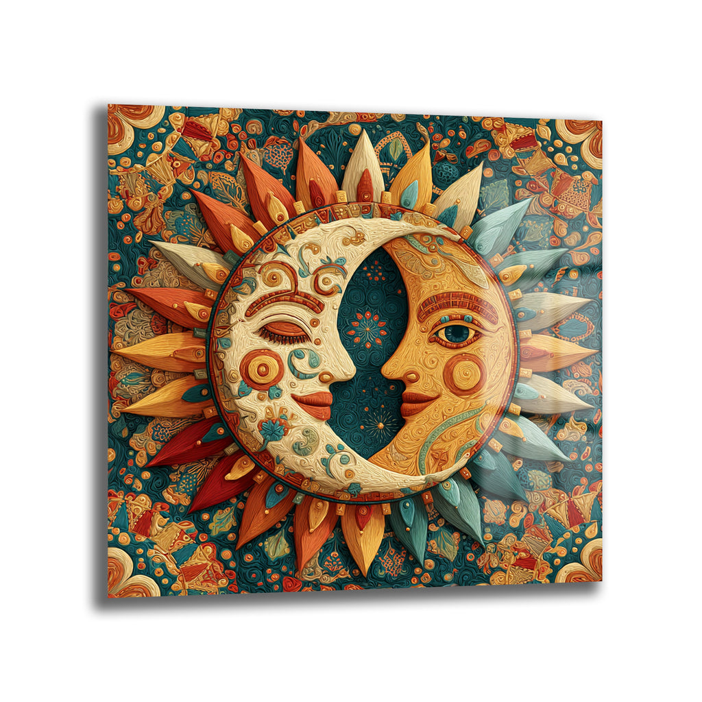 Mistik Güneş ve Ay Harmanisi Cam Tablo | Bohem Ruhlu Duvar Dekoru