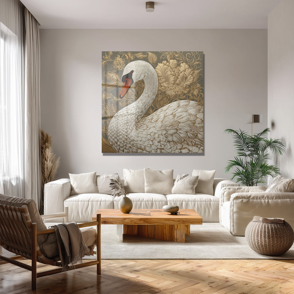 Asil Kuğu ve Altın Desenler Cam Tablo