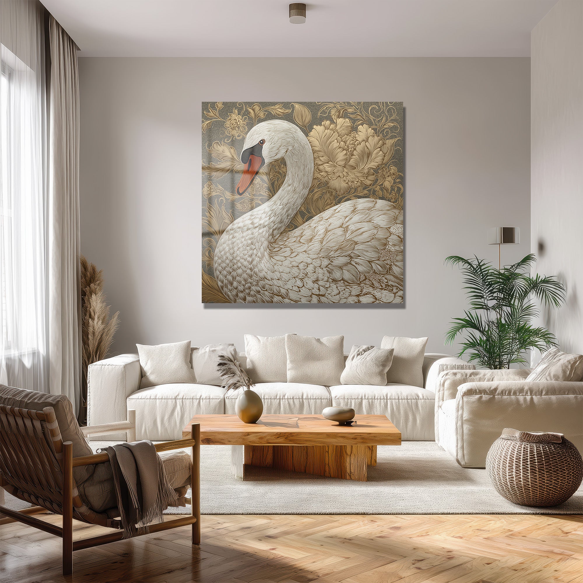 Asil Kuğu ve Altın Desenler Cam Tablo