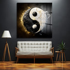 Yin Yang Enerjisi Siyah Beyaz Altın Detaylı Cam Tablo