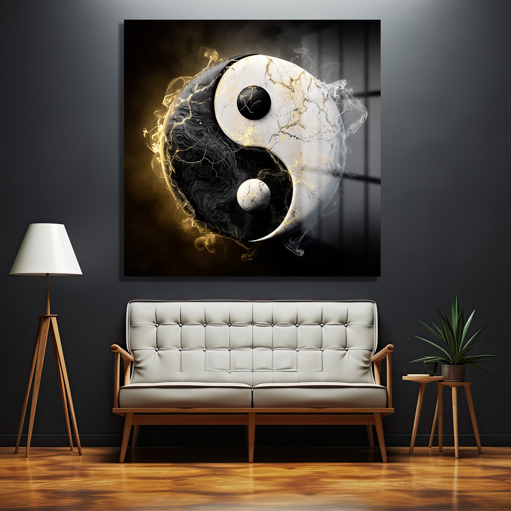 Yin Yang Enerjisi Siyah Beyaz Altın Detaylı Cam Tablo