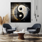 Yin Yang Enerjisi Siyah Beyaz Altın Detaylı Cam Tablo