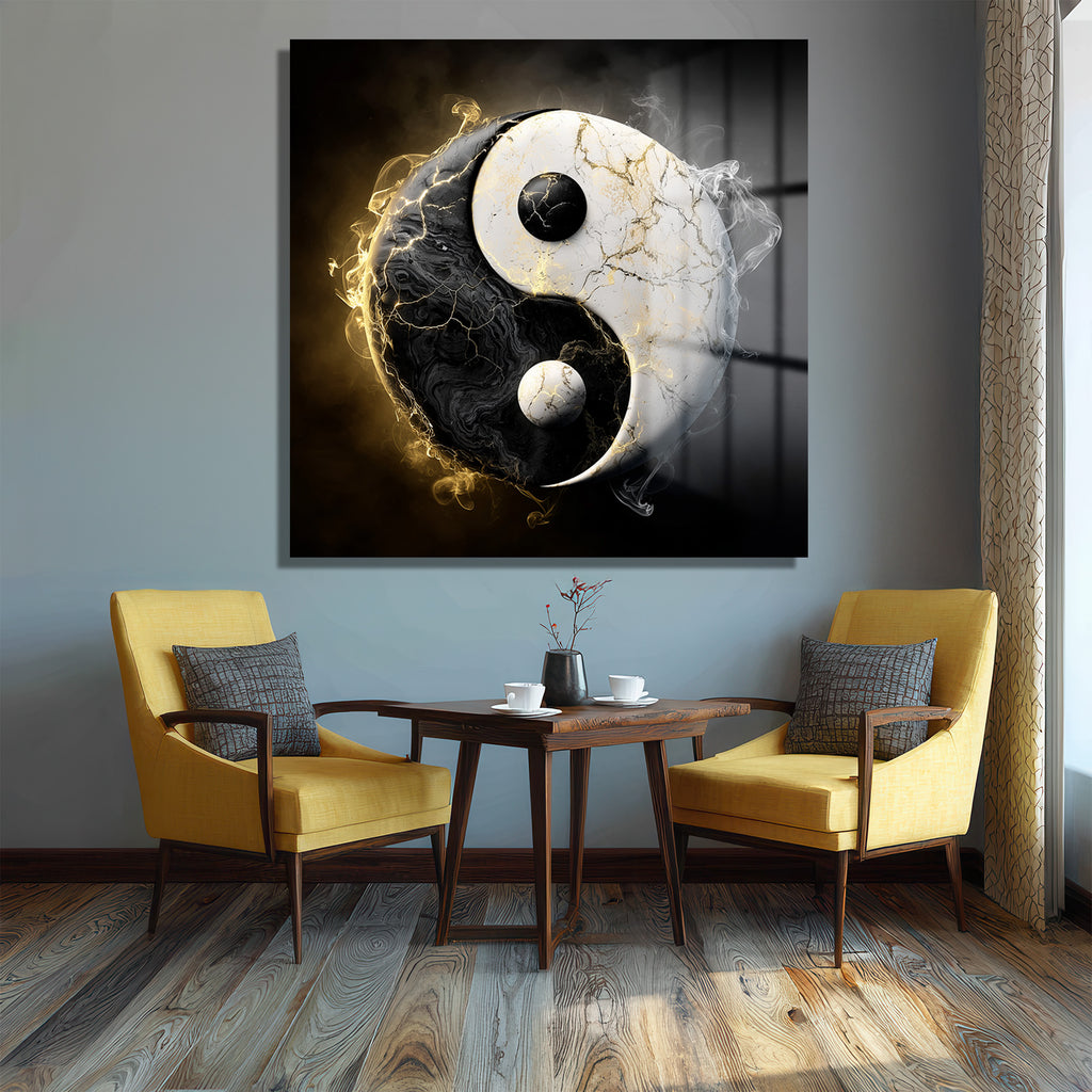 Yin Yang Enerjisi Siyah Beyaz Altın Detaylı Cam Tablo