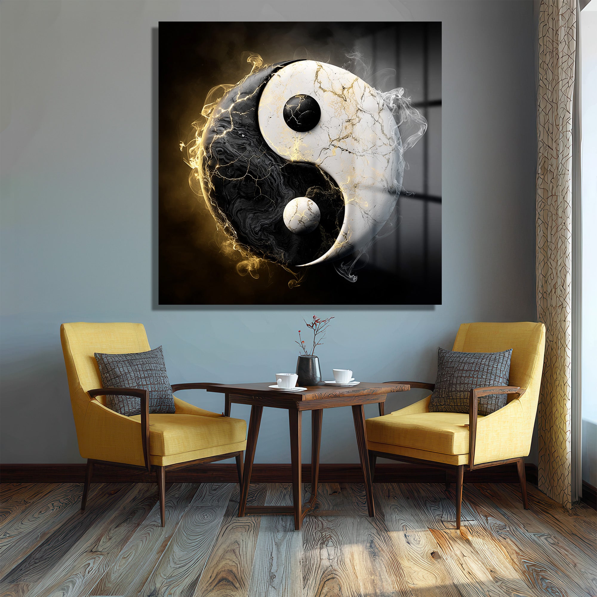 Yin Yang Enerjisi Siyah Beyaz Altın Detaylı Cam Tablo