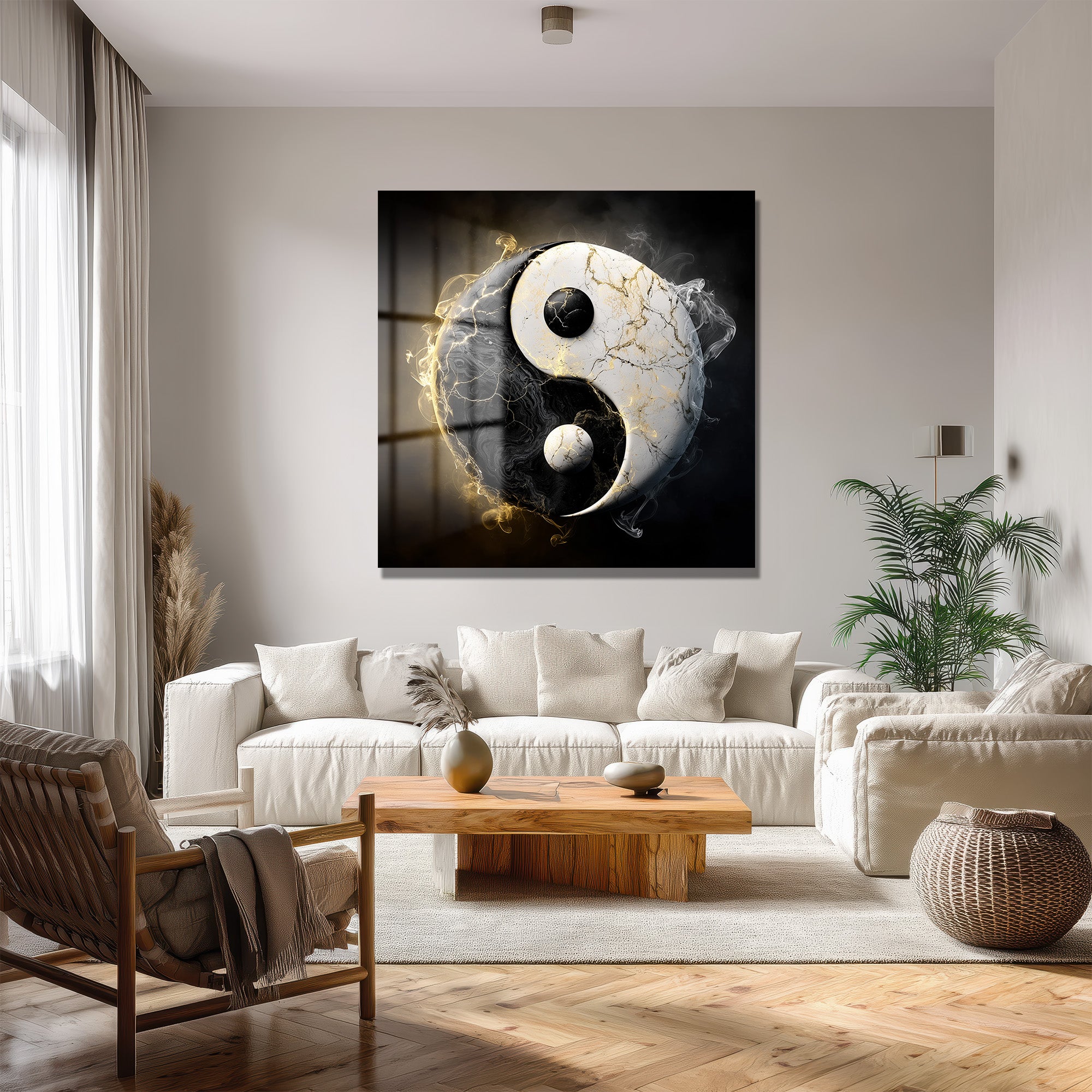 Yin Yang Enerjisi Siyah Beyaz Altın Detaylı Cam Tablo
