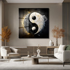 Yin Yang Enerjisi Siyah Beyaz Altın Detaylı Cam Tablo