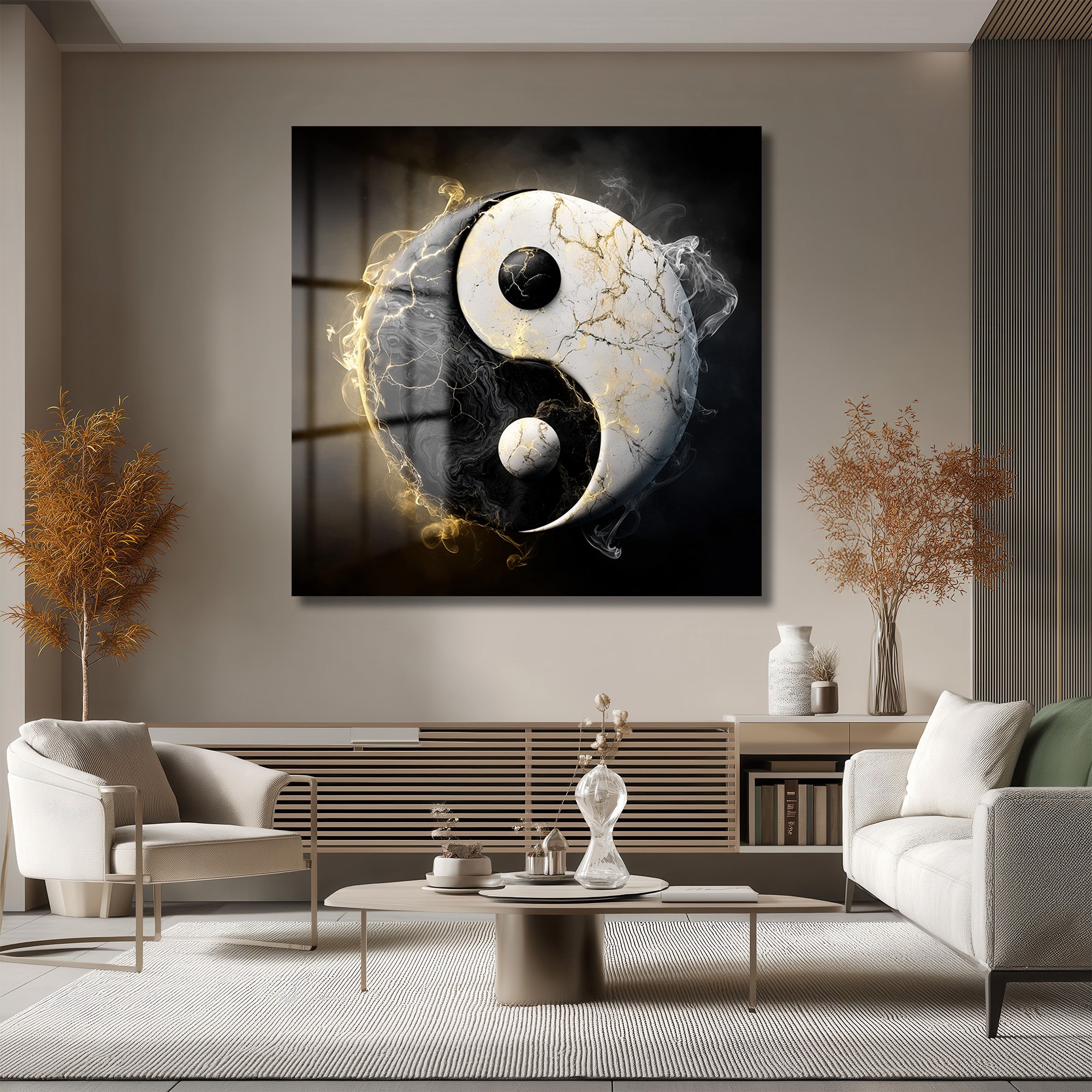 Yin Yang Enerjisi Siyah Beyaz Altın Detaylı Cam Tablo