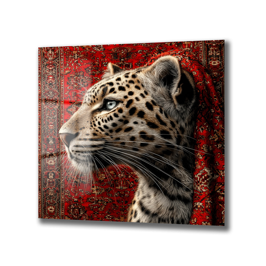 Leopar ve Oryantal Desenli Kırmızı Halı Temalı Lüks Cam Tablo
