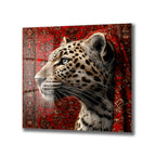 Leopar ve Oryantal Desenli Kırmızı Halı Temalı Lüks Cam Tablo