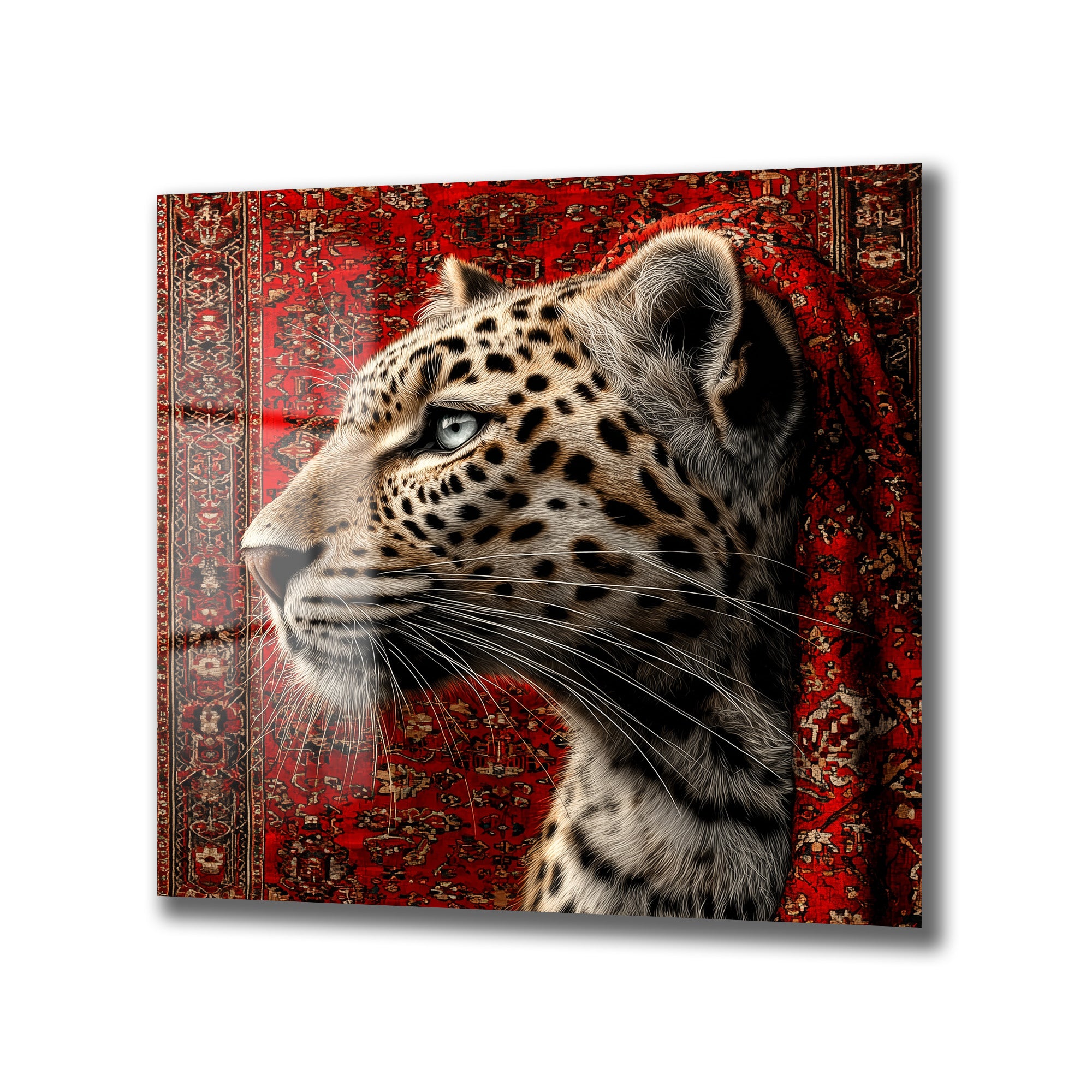 Leopar ve Oryantal Desenli Kırmızı Halı Temalı Lüks Cam Tablo