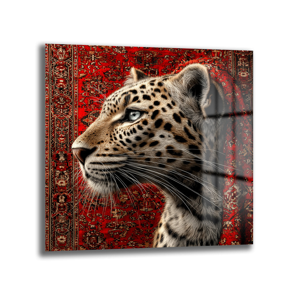 Leopar ve Oryantal Desenli Kırmızı Halı Temalı Lüks Cam Tablo