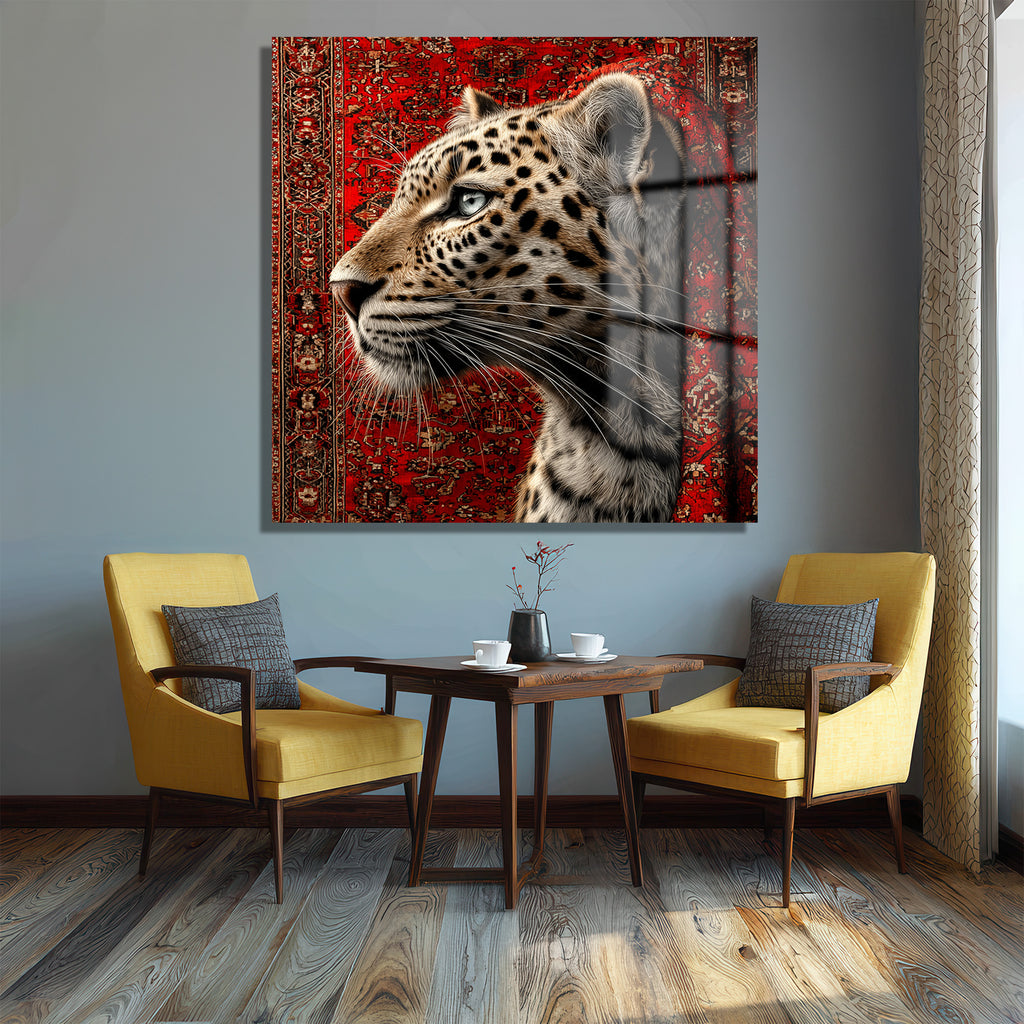 Leopar ve Oryantal Desenli Kırmızı Halı Temalı Lüks Cam Tablo