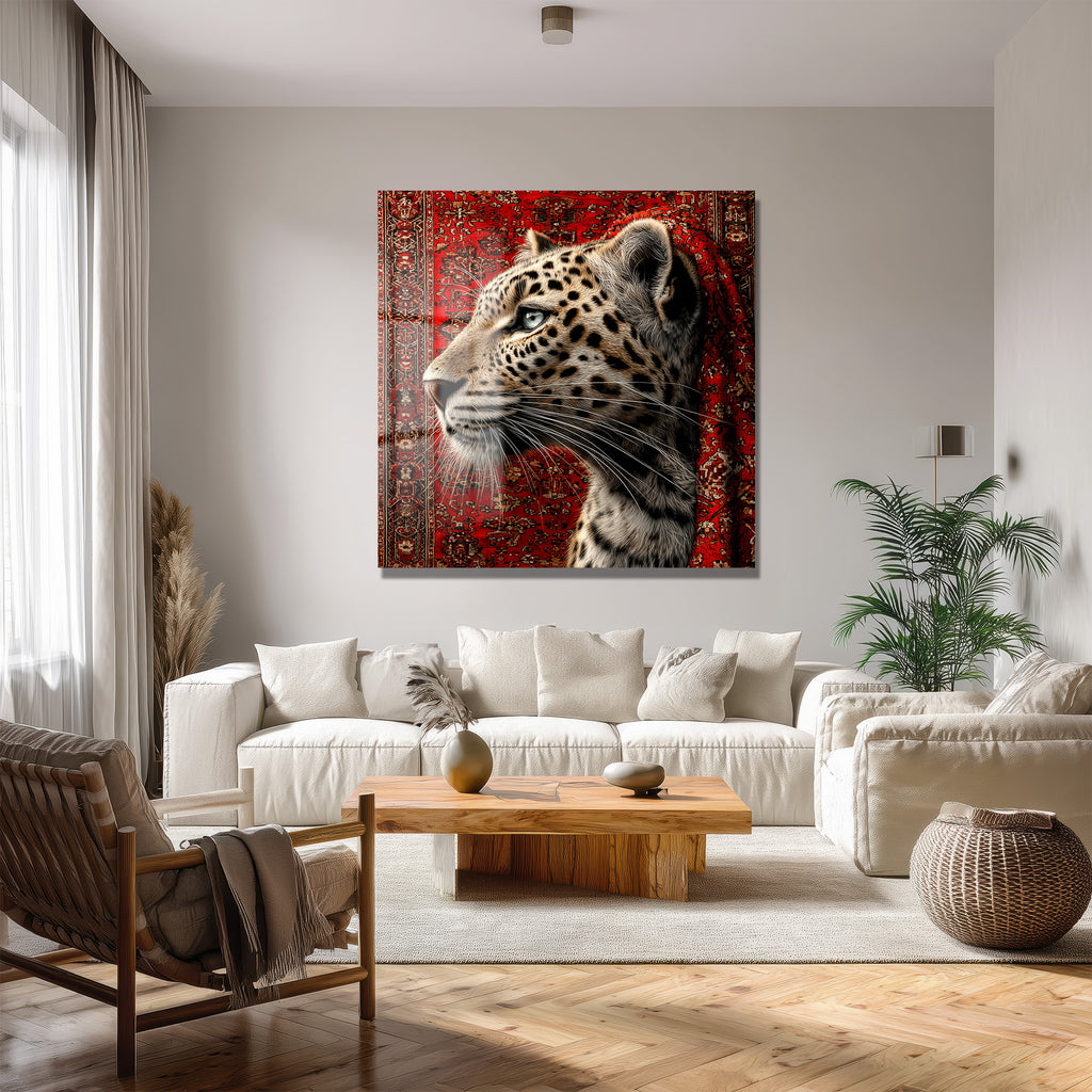 Leopar ve Oryantal Desenli Kırmızı Halı Temalı Lüks Cam Tablo