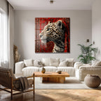 Leopar ve Oryantal Desenli Kırmızı Halı Temalı Lüks Cam Tablo